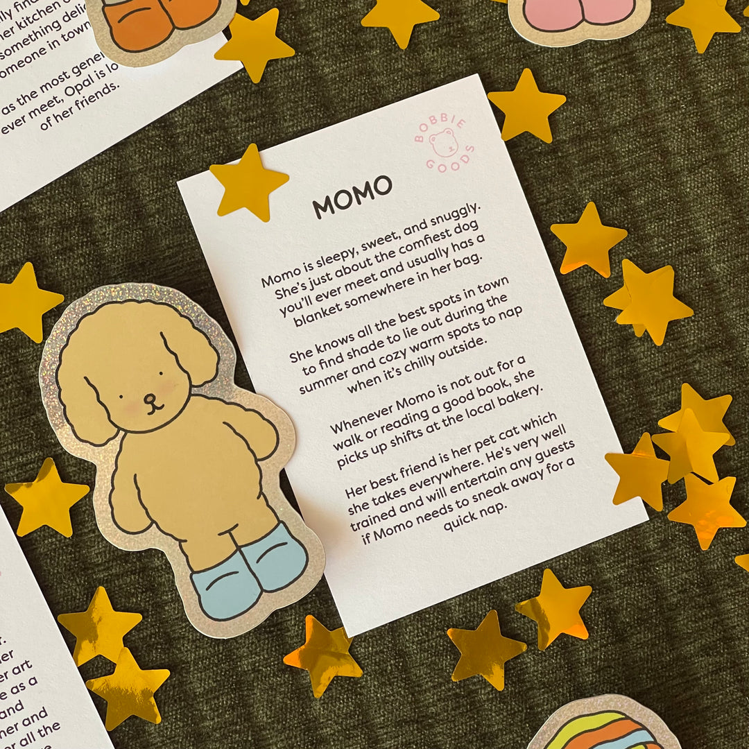 Momo Glitter Sticker Info Card – Bobbie Goods